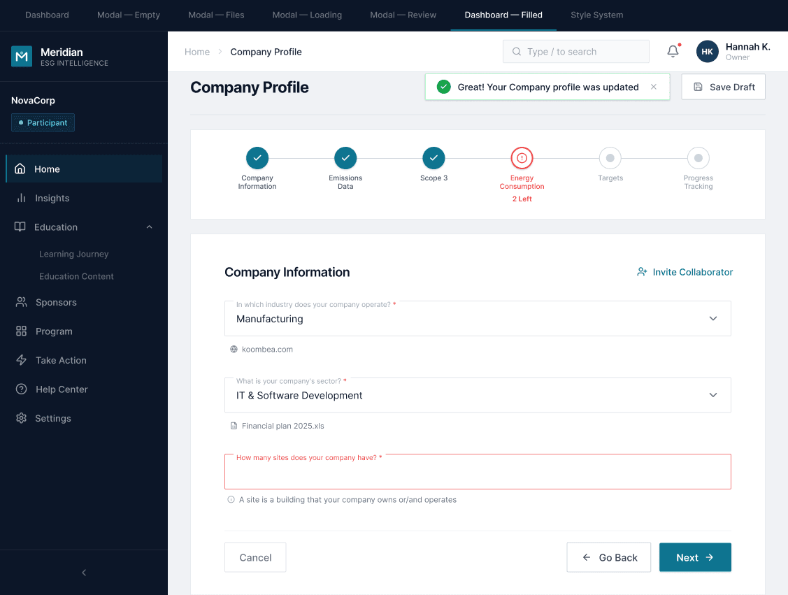 Dashboard after AI fill — Company Information, Emissions Data, and Scope 3 complete; Energy Consumption flagged with 2 fields still pending