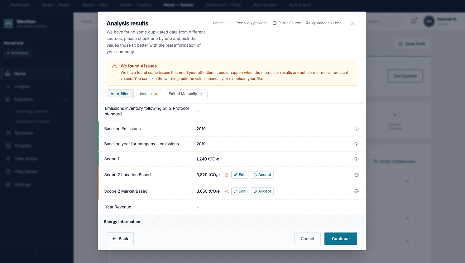 Review screen header showing source attribution tags: Previously provided, Public Source, Uploaded by User